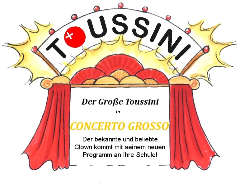 TOUSSINI-Clownsseite Vorhang mit Text